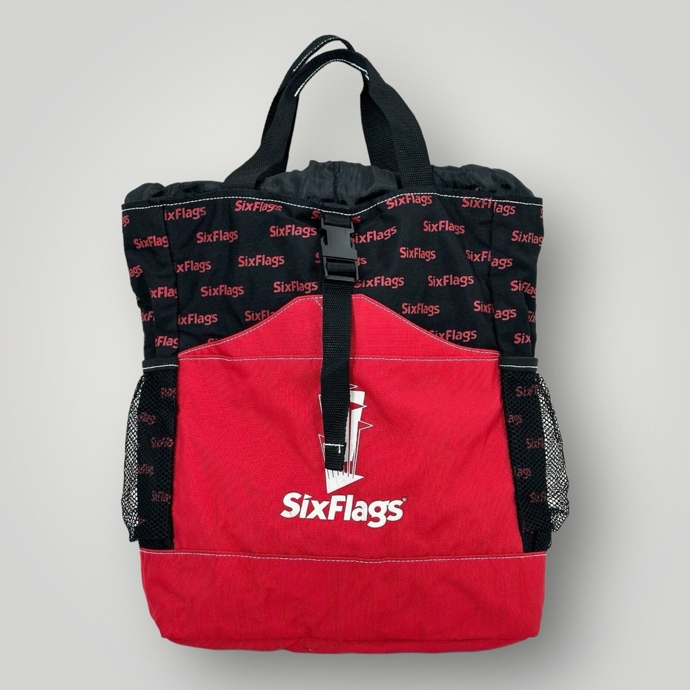 Vintage‎ Six Flags Backpack Red Black Travel School Bag 17x14
